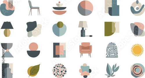 Abstract shapes, furniture, plants, and sun in a muted color palette