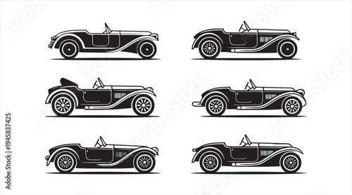Retro convertible automobile symbol collection, vintage car silhouette icons