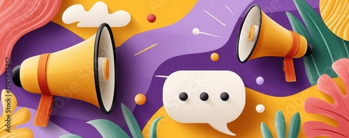 Colorful announcement concept with megaphones and speech bubble for marketing and communication