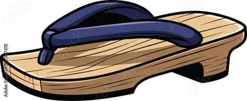 Traditional wooden Japanese sandal with a deep blue fabric strap