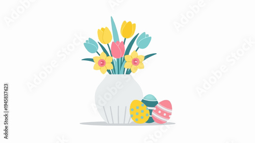 A spring bouquet of tulips and daffodils in a vase with colorful Easter eggs