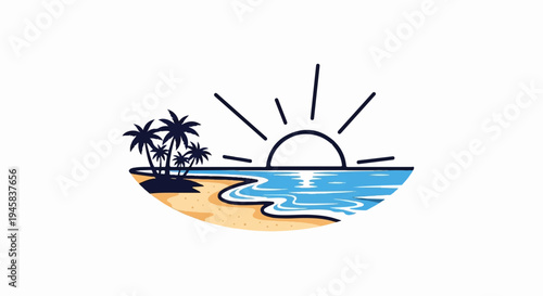 A stylized tropical beach scene with palm trees, sand, ocean, and sun
