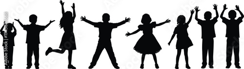 Collection of happy children silhouettes raising hands and jumping isolated on white background, playful kids celebration poses, active childhood joy concept, boys and girls