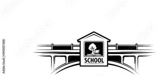 Stylized schoolhouse building integrated with a bridge structure