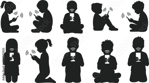 Children silhouettes using smartphones and tablets, wireless connectivity signals, digital technology illustration, screen time concept, youth mobile device usage artwork