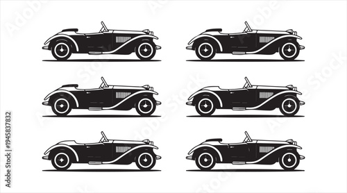 Vintage convertible car silhouettes set, classic retro automobile icon collection