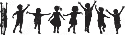 Collection of happy children silhouettes jumping and playing with raised hands, boys and girls in joyful poses isolated vector illustration for childhood and fun concept