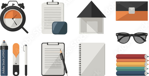 Assorted office and creative supplies including an alarm clock, paperwork, writing tools, and art supplies