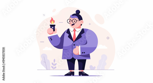 Animated person in a suit holding a lit lighter