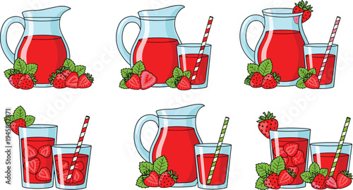 Strawberry Juice in Pitcher and Glasses with Straw for Refreshing Drink Illustration