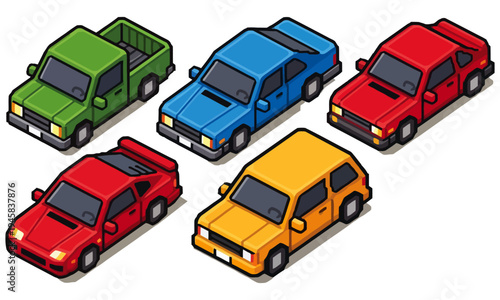 Five colorful cars are parked in a lot with green, blue, red, red, and yellow vehicles.