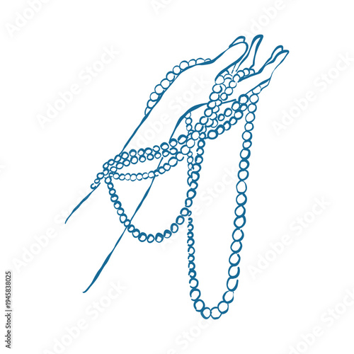 Sketch of a womans hand holding a pearl necklace. Retro accessory for women, blue. Illustration for weddings and womens themes. Vector outline clipart.