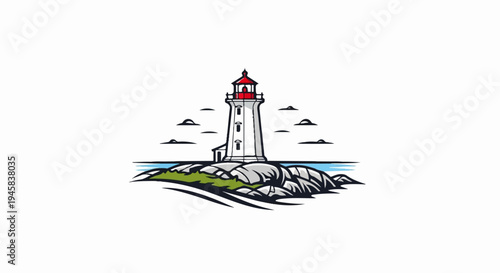 Coastal lighthouse stands tall on rocky outcrop, guiding ships at sea