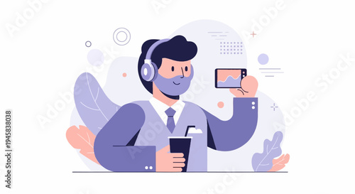 Animated man with headphones, holding drink & phone, styled graphics