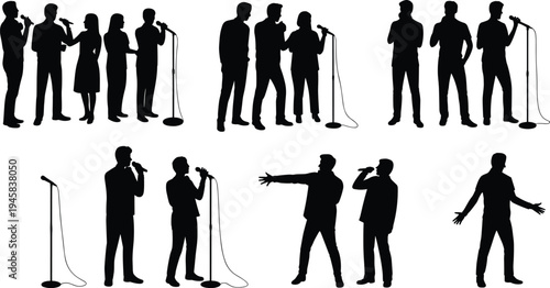 Collection of singer silhouettes performing with microphones, male and female vocalists in different poses, music performance vector set isolated on white background