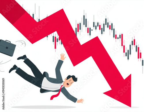 Businessperson falling amidst a declining stock market graph
