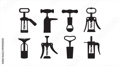 Wine bottle corkscrew tool collection, minimal beverage opener vector icons