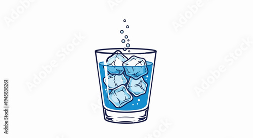 Refreshing drink with ice cubes and bubbles in a glass