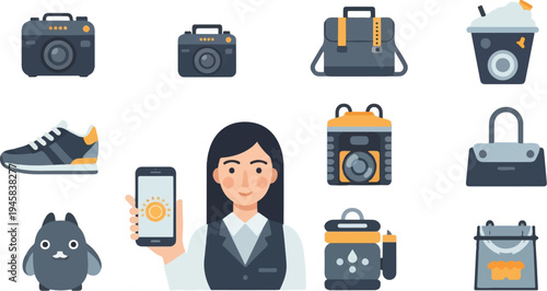 Collection of icons cameras, bags, shoe, person, drink, animal, phone