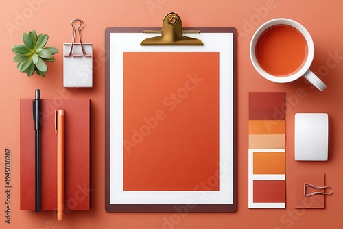 Minimalistic orange stationery flat lay with clipboard, notebook and color swatches for workspace