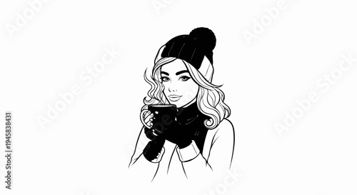 Stylized illustration of a woman in winter attire holding a steaming mug