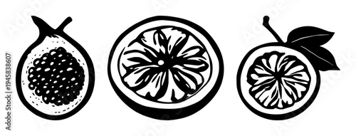 Passion fruit set with half exposed and close‑up of a seed‑filled core rendered in solid black lines featuring exotic superfruit, tropical flavour, bold illustration with texture and contrast