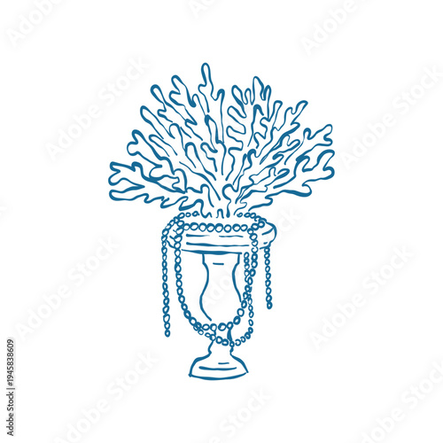 Line art illustration of a vase with coral and pearls. A coastal-style wedding and holiday decor element. Vector outline clip art in blue.