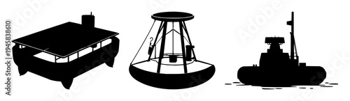 Solar-powered desalination buoy set with solid black silhouette featuring ocean technology, sharp edges, and a bold design with a white background