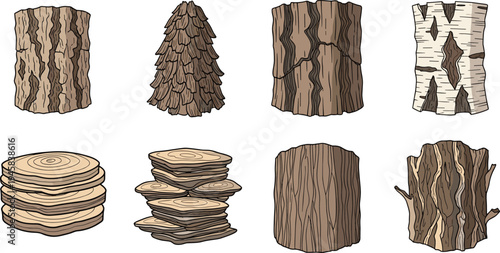 Wood and Tree Bark Set with Logs, Tree Stumps, and Wooden Slices for Nature and Forestry Illustration