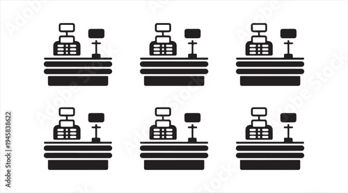 Shop checkout register symbol set, retail cashier machine vector icons