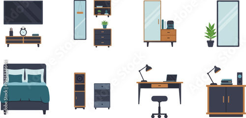 Flat design icons depicting a bed, desks, storage, and decorative plants