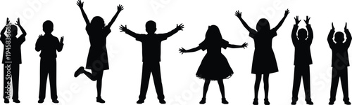 Group of happy children silhouettes raising hands and celebrating isolated on white background, playful kids jumping poses, joyful childhood concept with boys and girls