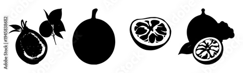 Passion fruit set with solid black silhouette of a whole passion fruit beside a passion fruit half on white background featuring exotic, botanical, fruit with silhouette and black