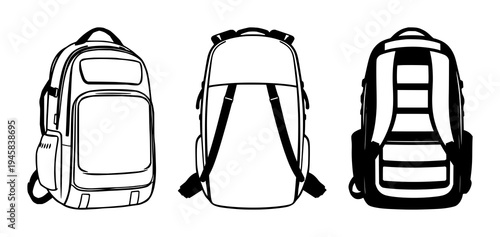 Smart backpack set with solid black silhouette and solar panels and integrated straps featuring high‑tech, nomadic tech lifestyle, white background with silhouette and straps