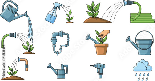 Set of garden watering tool icons featuring watering cans spray bottles garden hoses and irrigation systems in colorful cartoon style for gardening design.