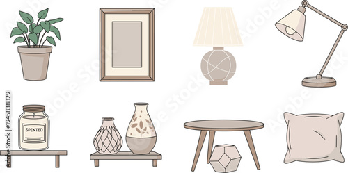 Set of home decor and interior design icons featuring potted plant picture frame lamps scented candle vases and furniture in neutral cartoon style.