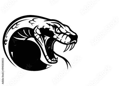 Stylized black viper head with fangs bared, coiled and ready to strike