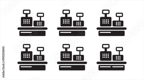 Cash register silhouette icon set, retail checkout POS machine symbols
