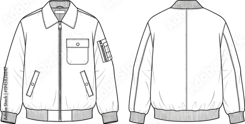 Men Bomber Jacket Technical Sketch With Zipper Front Utility Pockets Ribbed Hem And Cuffs Detail CAD Drawing Flat Vector Illustration