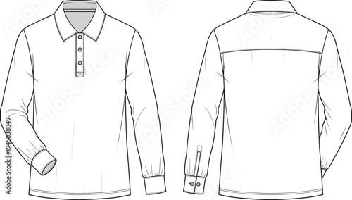 Men Long Sleeve Polo Shirt Technical Sketch With Three Button Placket Cuffed Sleeves And Back Yoke CAD Drawing Flat Vector Illustration