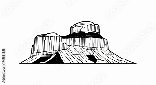 Stark black and white illustration of majestic mesas and cliffs