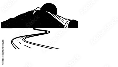Black ink drawing of a winding road leading toward a mountain at sunset