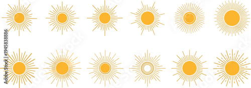 Sunburst sun icon set, yellow sunshine starburst symbols for summer weather, solar light ray collection, boho celestial flat vector illustration.
