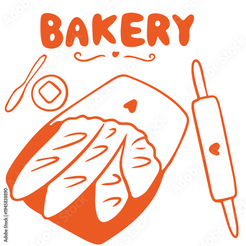 Bakery hand drawn doodle with baguette rolling pin butter and baking board illustration