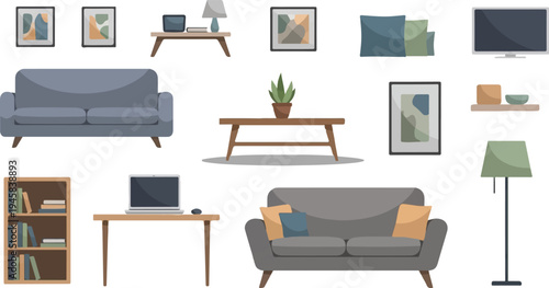 Interior design elements including furniture, decor, and electronics