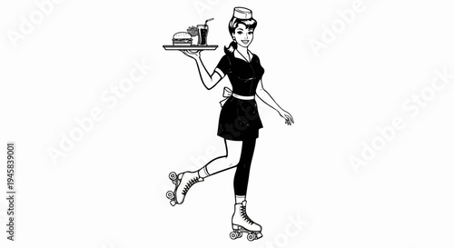 Retro waitress on roller skates serves a burger, fries, and drink
