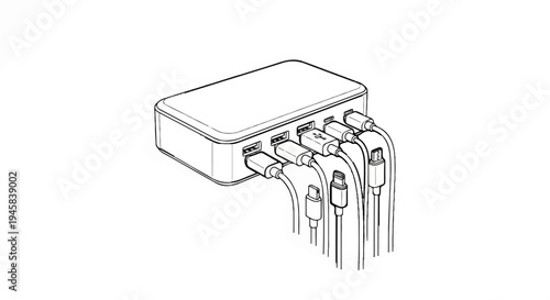 Multiple electronic device charging cables plugged into a multi-port power hub