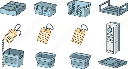 Set of home organization and storage icons featuring plastic bins baskets drawer dividers and labels in blue cartoon style for decluttering design.