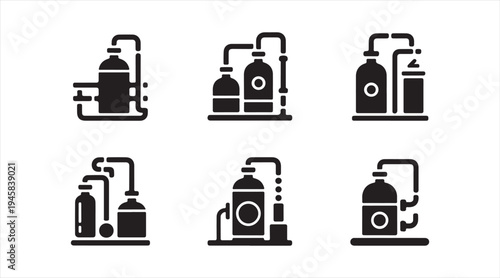 Factory production line machine silhouettes, industrial equipment icon collection