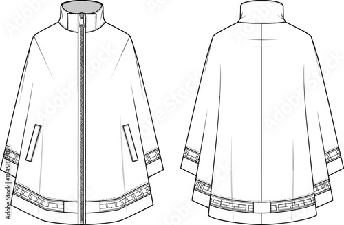 Women Stylish Zipper Front Cape Jacket Technical Sketch With High Collar Side Pockets And Trim Detail CAD Drawing Flat Vector Illustration